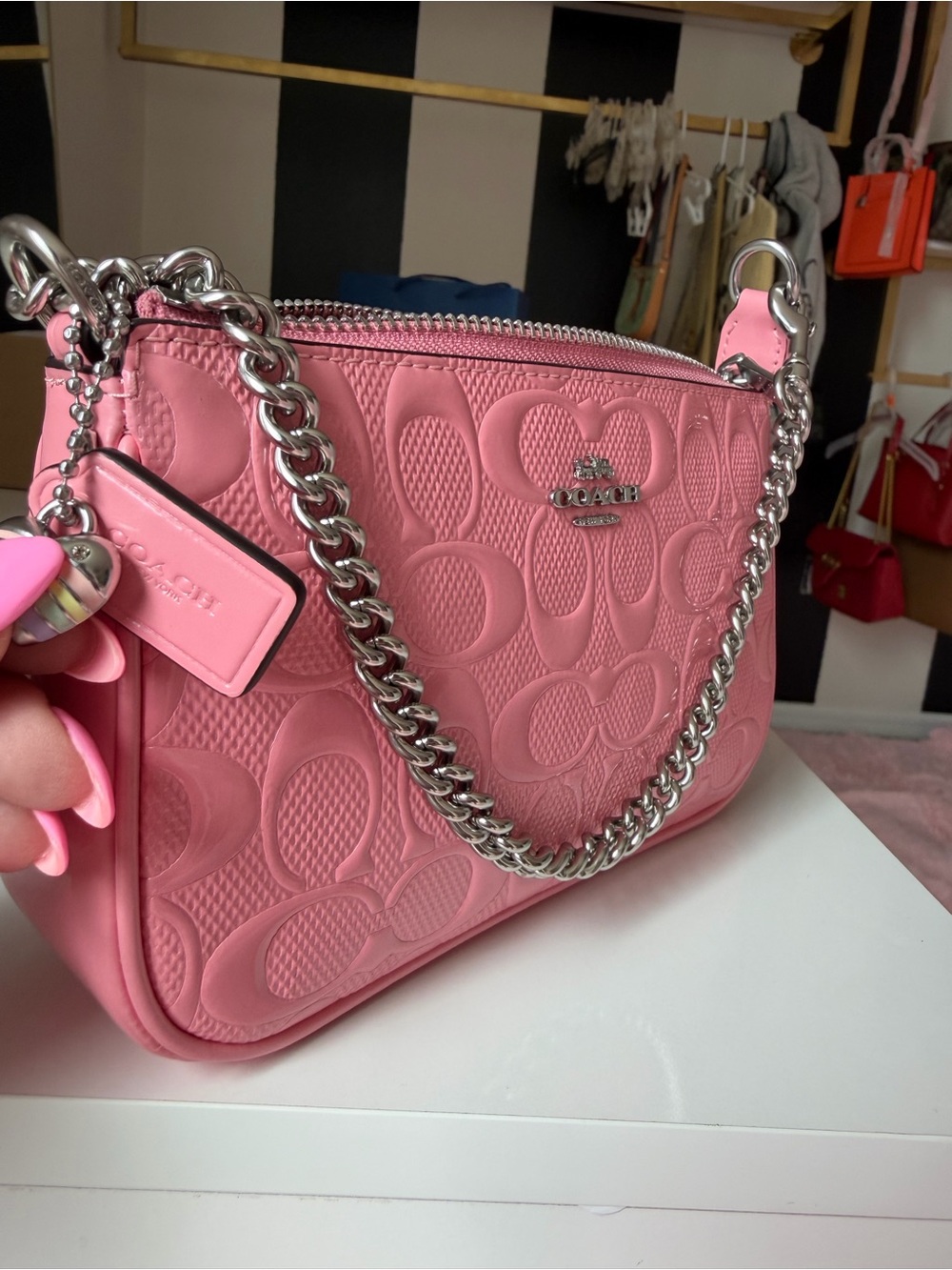 ๐ Coach Nolita 19 Pink Patent Signature Chain Bag CC727 NWT Barbiecore - Picture 7 of 17